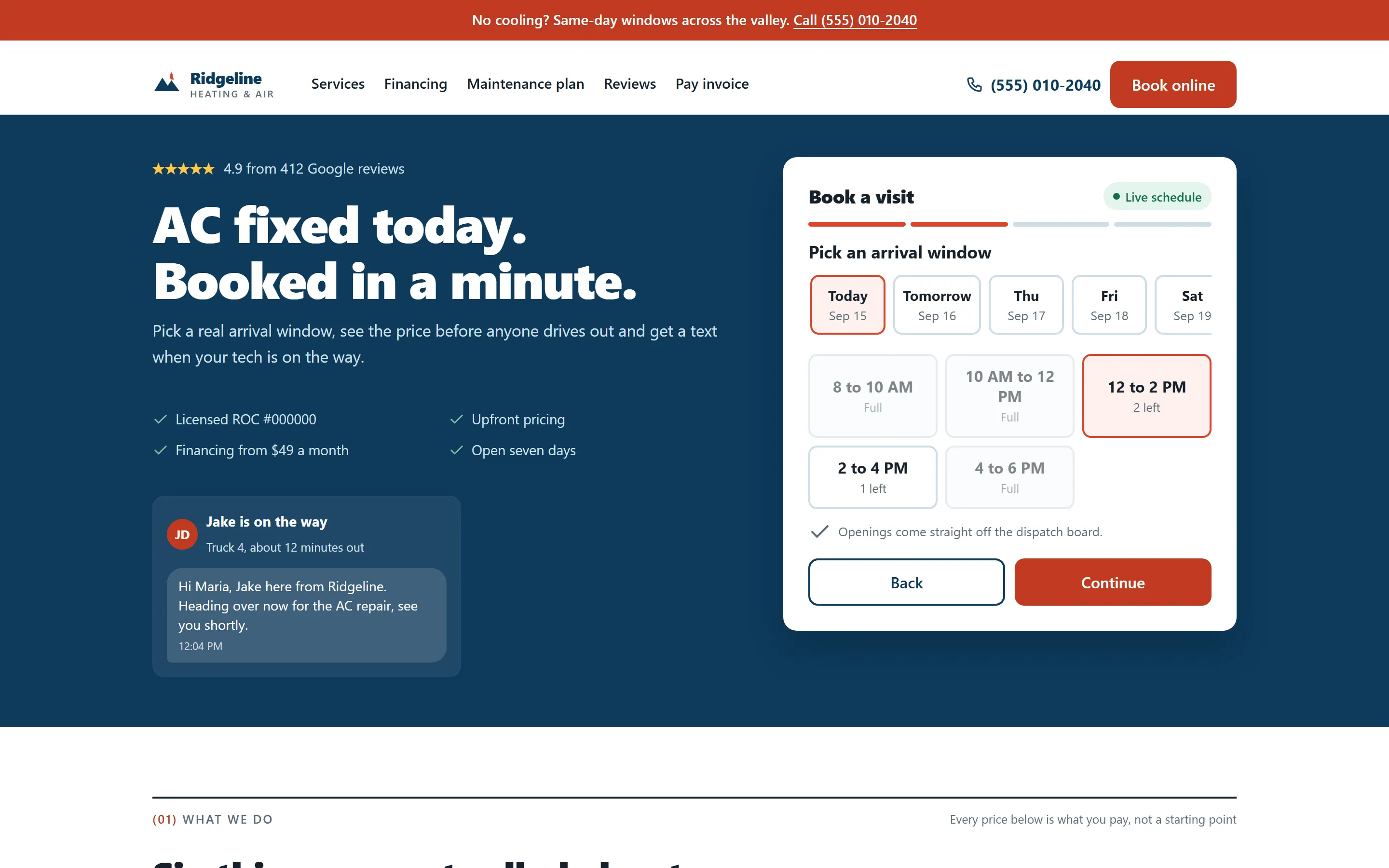 Booking widget showing arrival windows for today, with two windows marked full