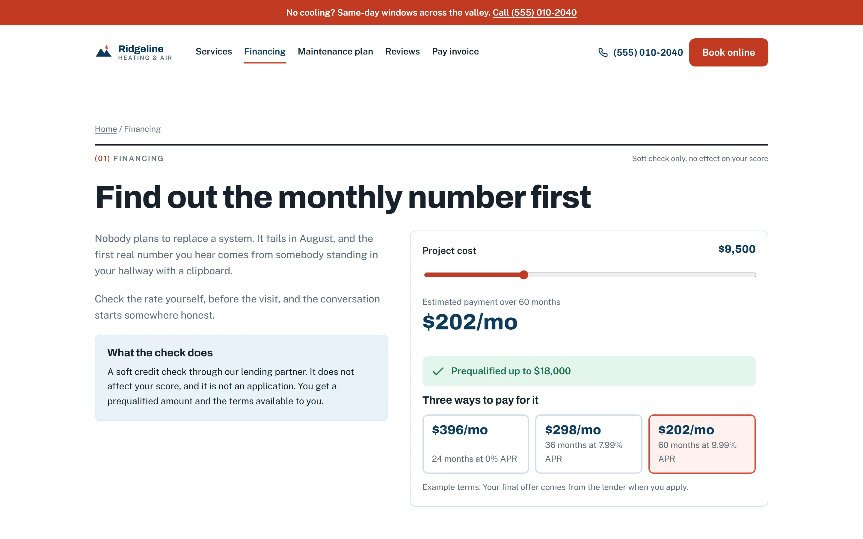 Financing page showing a prequalified amount and three monthly payment options